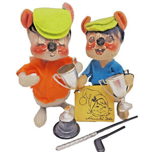 70s Annalee Doll Mouse Pair Golfer Set Golf Club Trophy Mobilitee 1971 Vintage